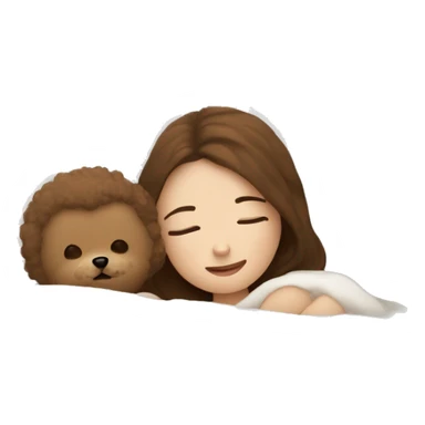 white pillow and a blanket, a white-skinned, brown-haired woman is sleeping with a little baby Bichon Friese sticker