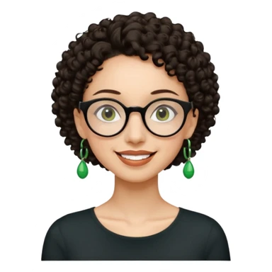 Slim, very slender woman with light skin, short dark curly hair, large brown eyes, black round glasses, big green earrings, thin arms and narrow shoulders, warm wide smile, friendly and intelligent expression. sticker