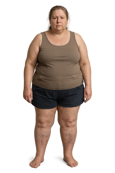 donna realistica leggermente in sovrappeso con vene visibili sulle gambe e gambe gonfie, iperrealistica 4k, IPERREALISTICA 4K sticker