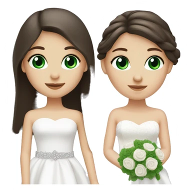 2 dark brown straight long hair white girls, one with green eyes and one with blue eyes. both in wedding dressed sticker