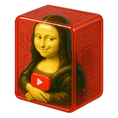 Mona Lisa with a playful sarcastic grin, holding a red YouTube play button, inside a red glossy circuit style box sticker