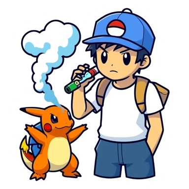 21 yo Handsome Ash Ketchum using a bong with charizard sticker