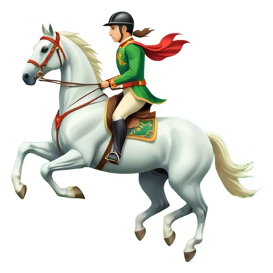 An icon showcasing a majestic horse and rider in full gallop across a lush green field. The background features a clear sky, distant mountains, and a vibrant landscape. The rider wears traditional gear, while the horse leaps with grace and power. Transparent background sticker
