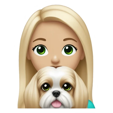 Girl with long blonde hair, and bright blue and green eyes and pink lipstick who is holding an all beige shih tzu dog  sticker
