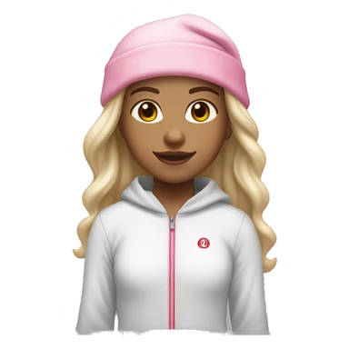 white raced, blonde hair with middle part, girl, long sleeve white lululemon shirt,  grey sweat pants, and a pink santa hat sticker
