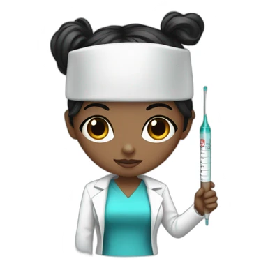 nurse black hair, black eyes, with a syringe sticker