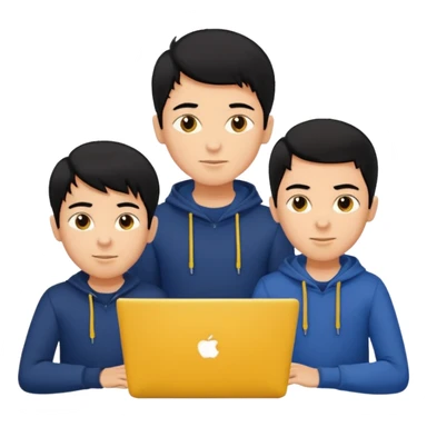 technologist using laptop coding with 2 other technologist color yellow three of it is boy  that using 3 laptop the hair is black and the cloth is dark blue sticker