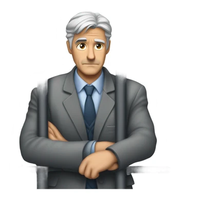 Create an emoji-style image of a gray-haired man in a suit behind jail bars, looking solemn. sticker