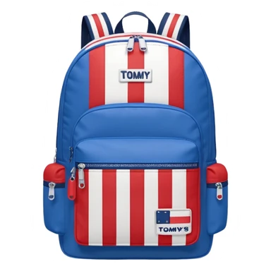 simple blue backpack, at the bottom pocket there is a  logo featuring a Tommy Jeans-inspired logo. The logo looks like a vertically one red, one white. The flag stripes are vertical, not horizontal. Flat

 sticker