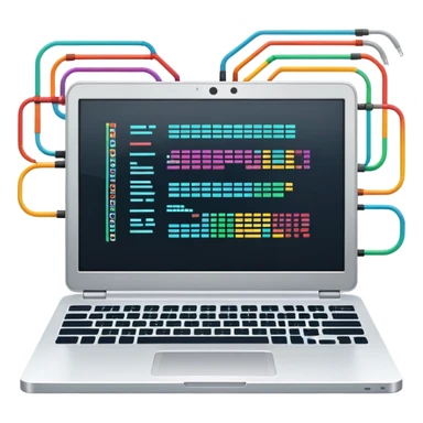 An icon featuring a laptop screen with colorful lines of code, brackets, and a blinking cursor, symbolizing programming. The design includes flowcharts, gear icons, and binary code, representing software development and logical problem-solving. Transparent background highlights the world of coding. sticker