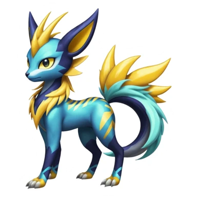 Shiny colorful exotic Feral Scaly Striking Slaying Badass Evil Handsome Lightning-patterned Zig-zagged buzzy fuzzy Meloetta-Renamon-Luxray-Cobalion-Suicune-Vernid-fusion-hybrid-creature, full body  sticker