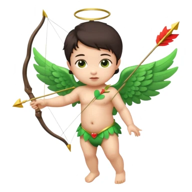 cupid asian baby flying full body with wings with brown eyes and dark hair handled bow and arrow directed to green emoji heart sticker