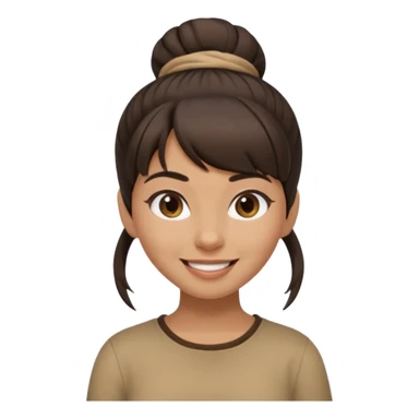 In Apple Memoji format, a girl with dark brown hair. She has bangs and her hair is in a singular high bun. The girl is arab and has light brown skin. She is wearing a brown shirt. She is smiling but is not showing her teeth.  sticker