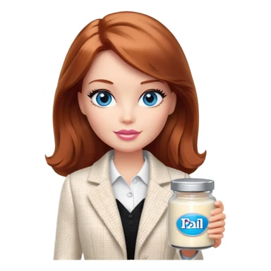 A Barbie girl with blue eyes, shoulder-length reddish-brown hair, made-up, in a white tweed jacket and black skirt, holding a jar of pale beige face cream sticker