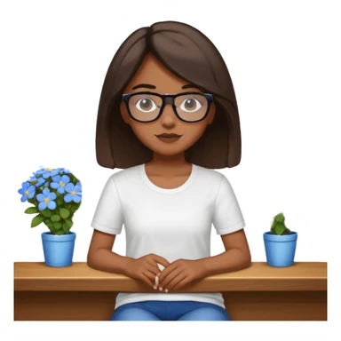 Créame una chica morena de pelo más o menos por los hombros con granitos en la cara y unas gafas negras, que esté sentado en una silla de bar con una camisa blanca con florecitas azules sticker