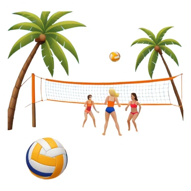 A volleyball resting on the orange sand of a beach, with a volleyball net in the background. The scene includes a beautiful beach landscape with blue sea, sky, and palm trees, while a couple of women in swimsuits play in the distance, capturing the relaxed yet competitive vibe of beach volleyball. sticker