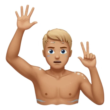 man with anger in swimming pool open arms and finger up on air sticker