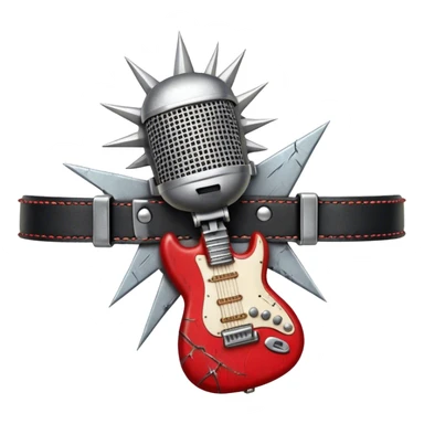 Create a powerful and dynamic humanless emoji representing rock vocals. The design should feature a classic vintage microphone with a rugged, distressed look, surrounded by elements like a guitar pick, electric guitar neck, and sound waves to reflect the raw energy of rock music. Add subtle details such as a spiked bracelet, leather textures, or bold lightning bolts to evoke the rebellious and intense spirit of rock. Use dark, edgy colors like black, red, silver, and metallic accents to emphasize the fierce, loud, and passionate nature of rock vocals. The background should be transparent. sticker