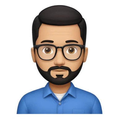 Attractive Hispanic TV host in his mid to late 40s with light brown skin, short straight black hair slicked back with fade on sides, heart handsome face with strong jawline, friendly approachable expression, black beard, wearing glasses sticker