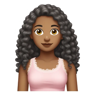 make a teenage girl emoji, mixed race, tan girl, dark grey almost black eye colour, long hair dark brown curls. Wearing a lace trim baby pink tank top with a small bow on shirt. One girl sticker