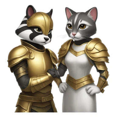 a badger with a lether armour beside a white female cat with a golden armour sticker
