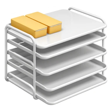 A minimal, clean emoji-style illustration of a white metal desk paper organizer tray, shown in slight isometric view so its structure is readable at a small scale. The organizer is rectangular with rounded corners, made of thin white metal wires, forming two to three stacked horizontal slots.
 sticker
