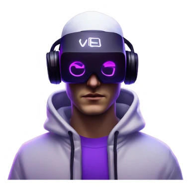 Russian man wearing a black hoodie with "OMG" letters on it and VR headset in a cyberpunk VR environment with violet neon lighting. sticker
