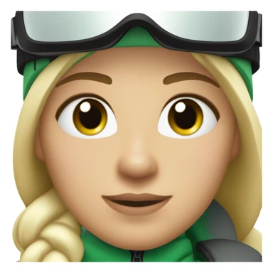 Green-eyed, fat female skier with medium-length straight blonde hair no curls, snow goggles on top of helmet, white ski helmet, gray snow jacket, green ski gloves, long black pants rolled up at the bottom, black only snow boots standing tall. sticker