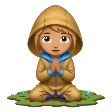 Character kneeling as rain hits the ground, one drop splashing exaggerated sticker