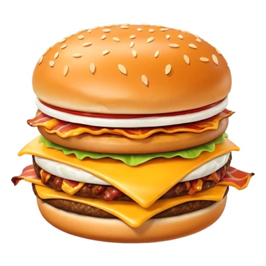 bacon burger object icon, crispy bacon strips, beef patty, melted cheese, sesame bun, 3D cartoon, mobile game icon style, clean background, no text, no watermark
 sticker
