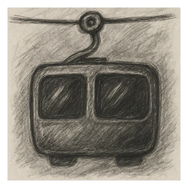 Add hand-drawn shading, visible windows, cables, and sketch details to the purple cable car, emphasizing a detailed pencil sketch style. sticker