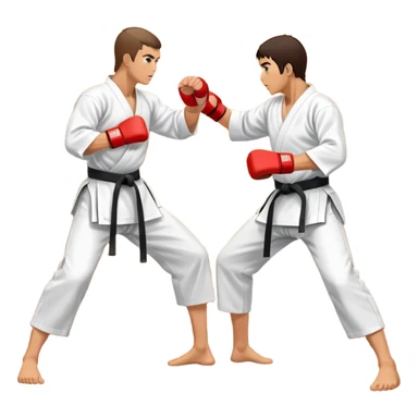 An icon representing traditional Karate, featuring two opponents in a martial arts dojo. One is performing a powerful punch, while the other defends with a block. The background showcases a classic dojo setting with wooden floors and sliding doors. Transparent background sticker