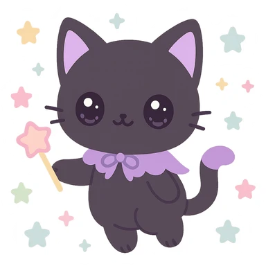 kawaii style magical gothic cat, adorable face, black and purple fur, floating with pastel stars, holding a magic wand, sweet and whimsical sticker