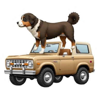Sand colored ford bronco with no roof and Bernese mountain dog in the back sticker