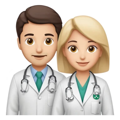 A cute cartoon-style emoji of a Saudi male and female doctors wearing white lab coats with the Alfarabi Medical Laboratories logo. Friendly smiles, soft colors, and simple features, suitable for medical branding and social media. sticker