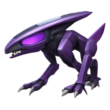 a shiny black-purple-yellow Genesect-Raptor-Fakémon—hybrid with a futuristic visor-helmet full bod sticker