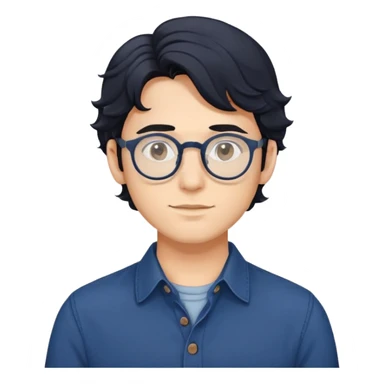 Torso view of young man with longer wavy black hair, round glasses, dark blue casual buttoned shirt sticker
