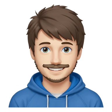 20 year old man, short scruffy beard and thin moustache, brown puffy mullet, blue eyes, big smile, white teeth, big lips, pronounced jaw, hair longer in back, sticking up on top, thin face, grey hooded sweatshirt, pale skin, big smile, blue eyes, puffy hair that is long in back sticker