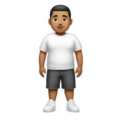 Full body young Hispanic boy that is extremely short and fat with a low taper fade and is wearing a t shirt and white air forces  sticker