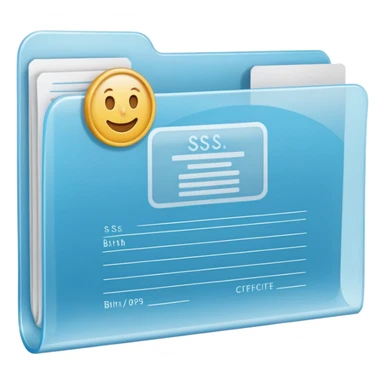 A simple emoji-style icon of a transparent plastic folder, clean and minimal, with rounded corners, subtle translucency, soft shading, and a small official documents symbol representing birth certificate, and SS. sticker