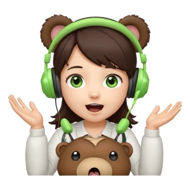Chibi girl, dark brown hair, green eyes, wearing a white shirt and small brown bear ears on a headset, with wide happy surprised eyes and mouth and clapping excitedly sticker