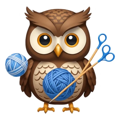 Owl holding blue yarn ball and knitting needles sticker