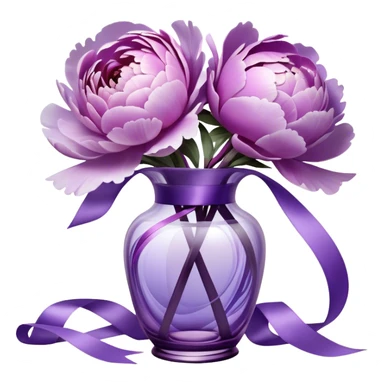 "Abstract peonies in shades of light purple and lavender, blending like soft brushstrokes. A glowing purple glass vase with surreal reflections, wrapped in a weightless, swirling satin ribbon."
 sticker