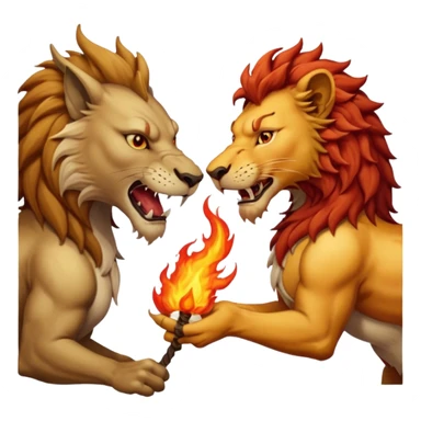 un dragon et un lion en combat, le lion crache du feu sur un loup, action intense sticker