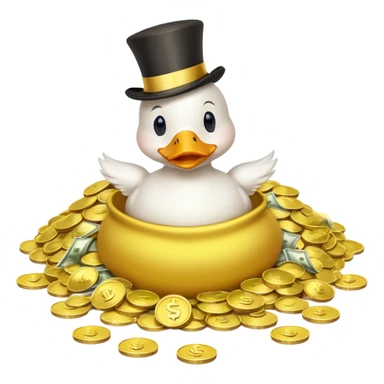 Duck character in top hat swimming in pile of gold coins and money bags sticker
