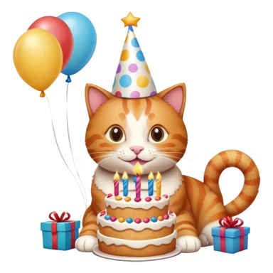 Ginger cat celebrates birthday, birthday hat, birthday cake, balloons, happy, gifts sticker