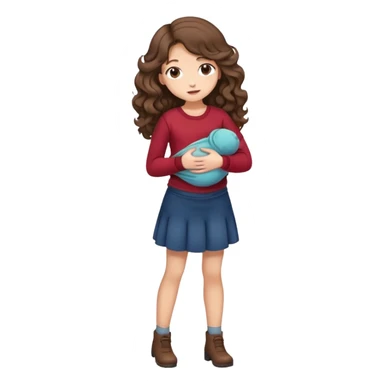 Girl with curled brown long length hair with stomach ache full body and clothes sticker
