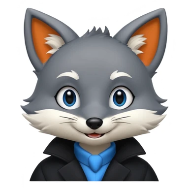 Grey anthropomorphic furry fox with a black coat, blue eyes, and a small fringe of black hair, smiling sticker