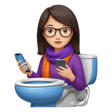 Fille châtain foncé avec lunettes. Elle porte une grosse écharpe violette, bleu et orange. Elle est dans une cuvette de toilette. Téléphone en main. Realiste sticker