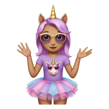 head and shoulders portrait of a friendly anthropomorphised female unicorn in tutu and pink t-shirt, wearing dark sunglasses, lavender and gold color scheme sticker
